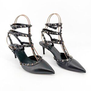 Valentino Garavani Noir Rockstud Caged Pumps EU 39.5 US 9.5 Black Spike Mid Heel
